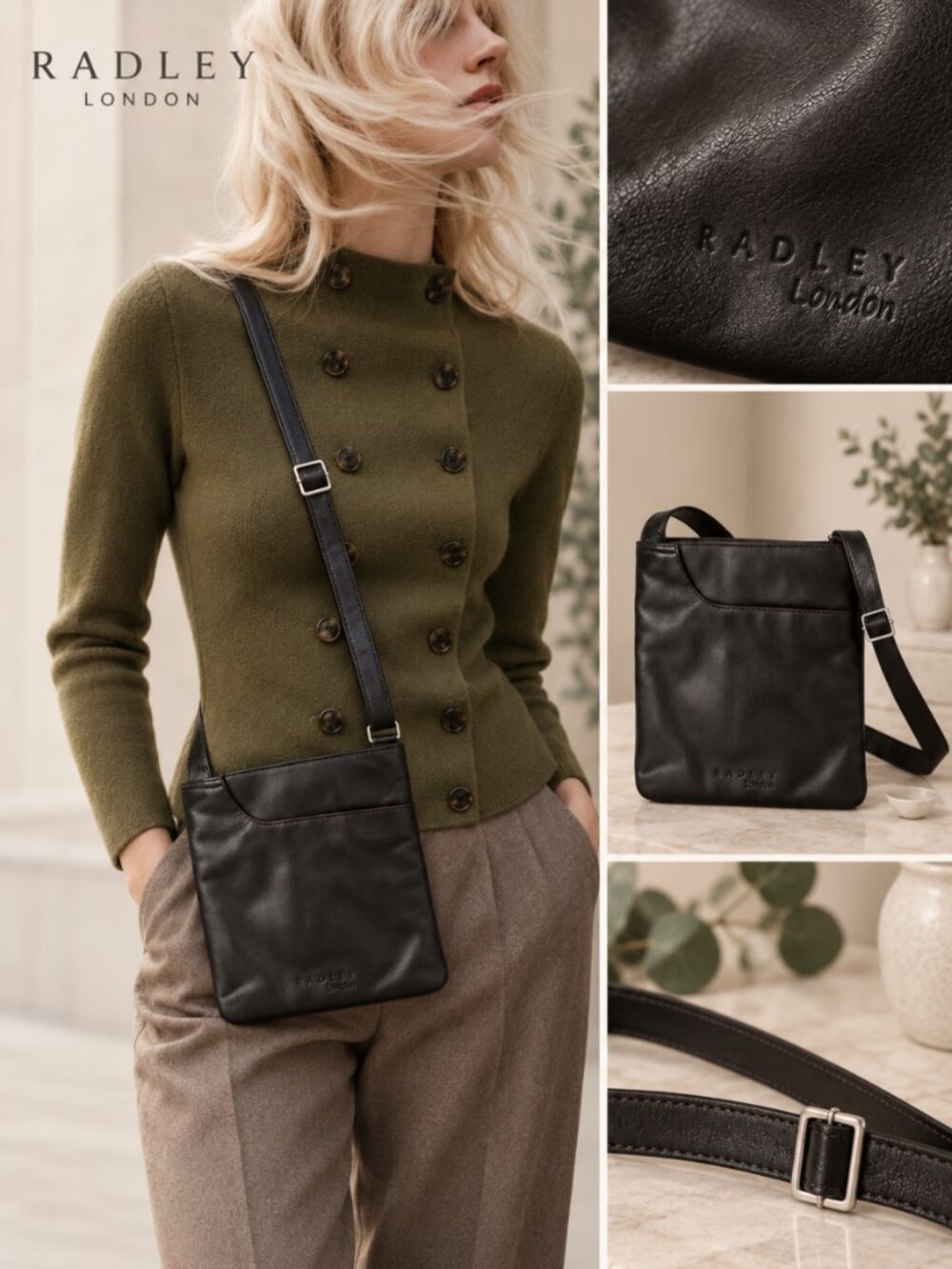 Radley London Leather Crossbody Bag Black Brown Small Minimalist